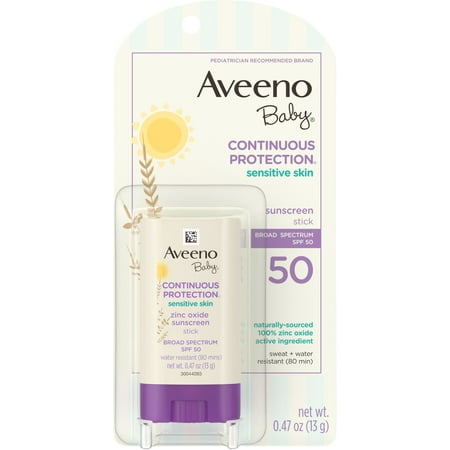Aveeno Baby Continuous Protection Sensitive Skin Mineral Sunscreen Stick with Broad Spectrum SPF 50 Protection for Face & Body, 0.47 oz 1 ea (Pack of 4)