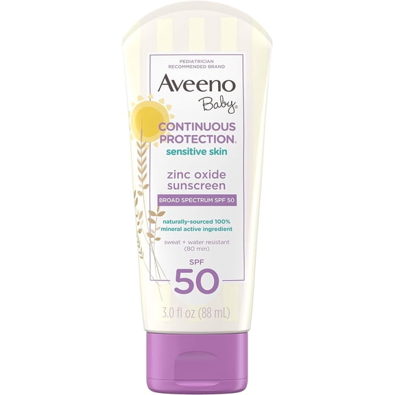 Aveeno Baby Continuous Protection Zinc Oxide Mineral Sunscreen Lotion for Sensitive Skin, Broad Spectrum SPF 50, Tear-Free, Sweat- & Water-Resistant, Paraben-Free, Travel-Size, 3 fl. oz