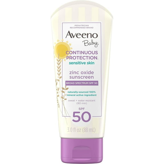 Aveeno Baby Continuous Protection Zinc Oxide Mineral Sunscreen Lotion for Sensitive Skin, Broad Spectrum SPF 50, Tear-Free, Sweat- & Water-Resistant, Paraben-Free, Travel-Size, 3 fl. oz