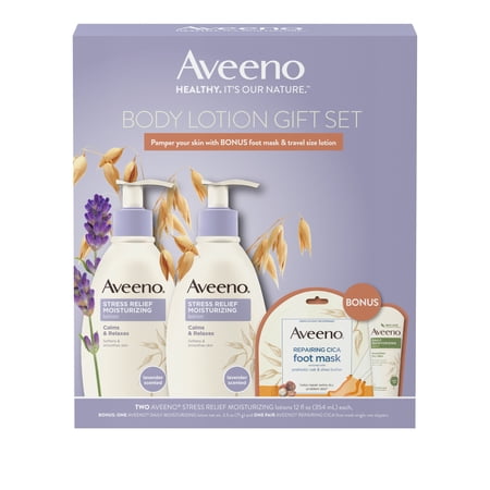 Aveeno Body Lotion Gift Set, Stress Relief Lotion, & Foot Mask, 4 pcs
