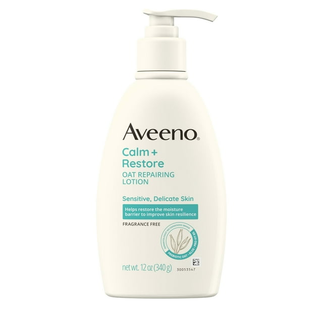 Aveeno Calm + Restore DMF15 Oat Repairing Body Lotion for Sensitive Skin, Daily Moisturizer with Prebiotic Oat, Aloe & Pro-Vitamin B5 Helps Restore Skin's Moisture Barrier, Fragrance Free, 12 oz