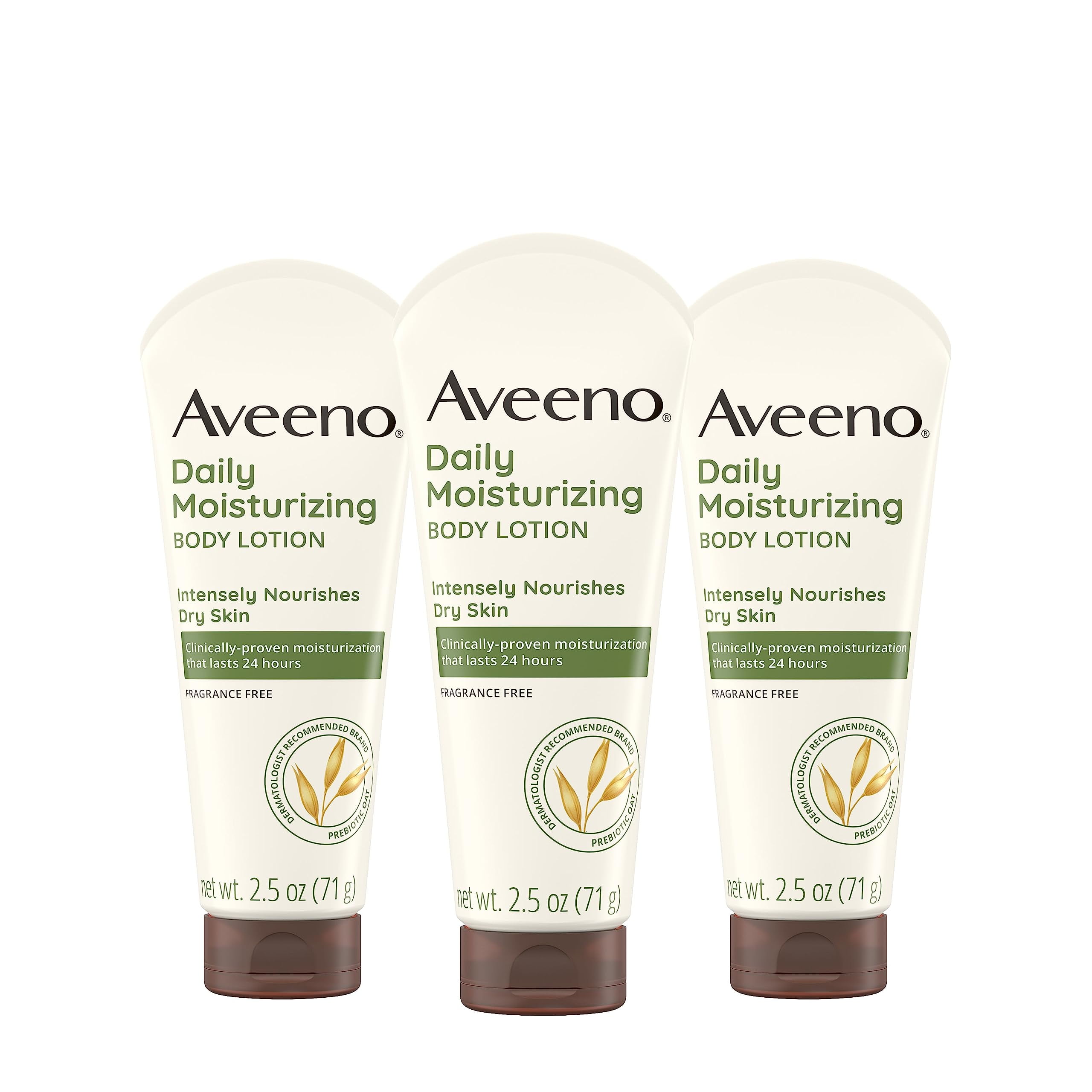 Aveeno Daily Moisturizing Body Lotion, Gentle Lotion Nourishes Dry Skin With Moisture, Soothing Prebiotic Oat, Fragrance-Free, Non-Comedogenic, Travel-Size, Pack of Three, 3 x 2.5 fl. Oz C6