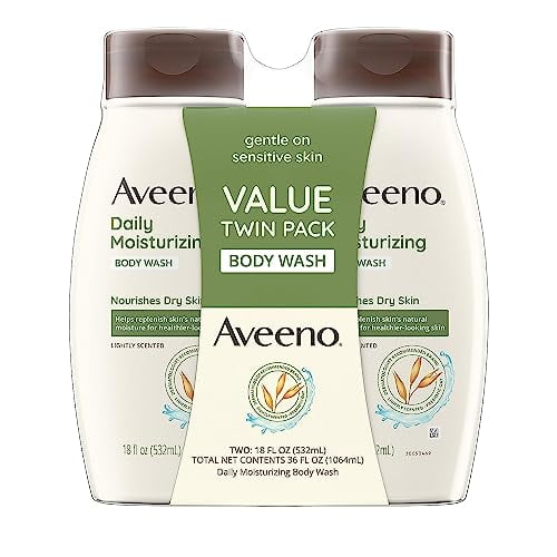Aveeno Daily Moisturizing Body Wash for Dry & Sensitive Skin with Prebiotic Oat, Hydrating Oat Body Wash Nourishes Dry Skin & Gently Cleanses, Light Fragrance, Sulfate-Free, 18 fl. Oz, 2 Pack