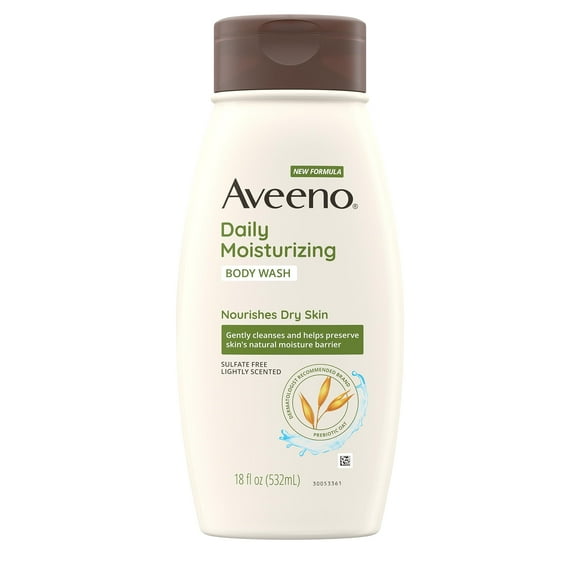 Aveeno Daily Moisturizing Body Wash for Dry & Sensitive Skin with Prebiotic Oat, Hydrating Oat Body Wash Nourishes Dry Skin & Gently Cleanses, Light Fragrance, Sulfate-Free, 18 fl. oz