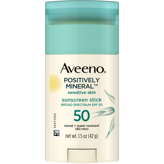 Aveeno Positively Mineral SPF 50 Sunscreen Stick for Sensitive Skin, 100% Zinc Oxide, Sweat- & Water-Resistant Face and Body, 1.5 oz 1 ea (Pack of 4)