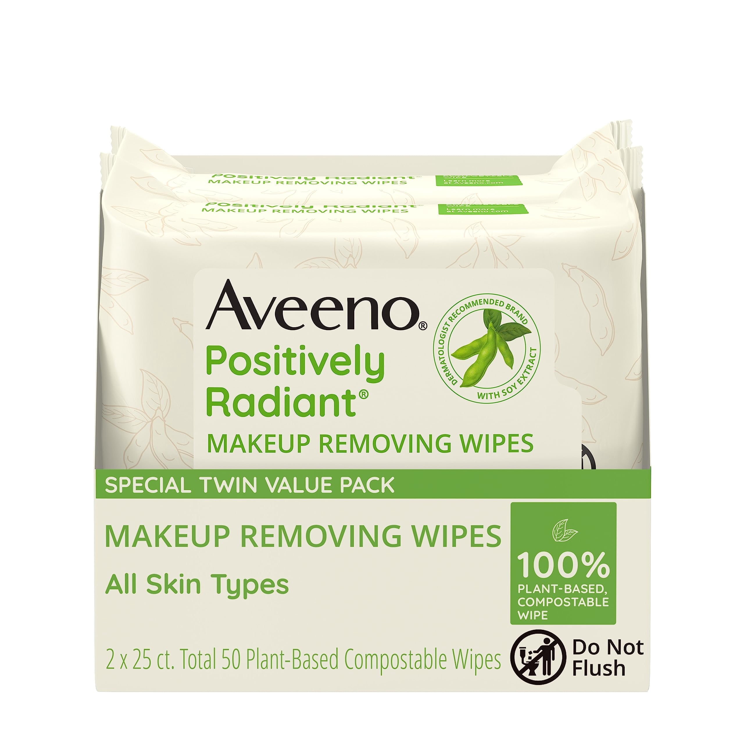 Aveeno Positively Radiant Makeup Removing Wipes Twin Pack 2 x 25 ct product package