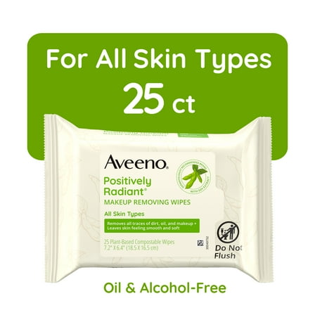 Aveeno Positively Radiant Oil-Free Makeup Remover Facial Wipes, 25 Ct