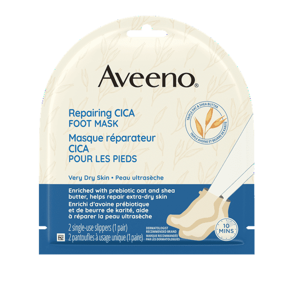 Aveeno Repairing CICA Foot Mask with Prebiotic Oat and Shea Butter, Moisturizing Foot Mask for Extra Dry Skin, (Pack of 2)