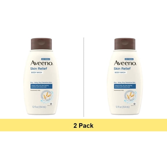 Aveeno Skin Relief Body Wash Fragrance-Free, Soothes Itchy Dry Skin, 12 oz - 2 Pack