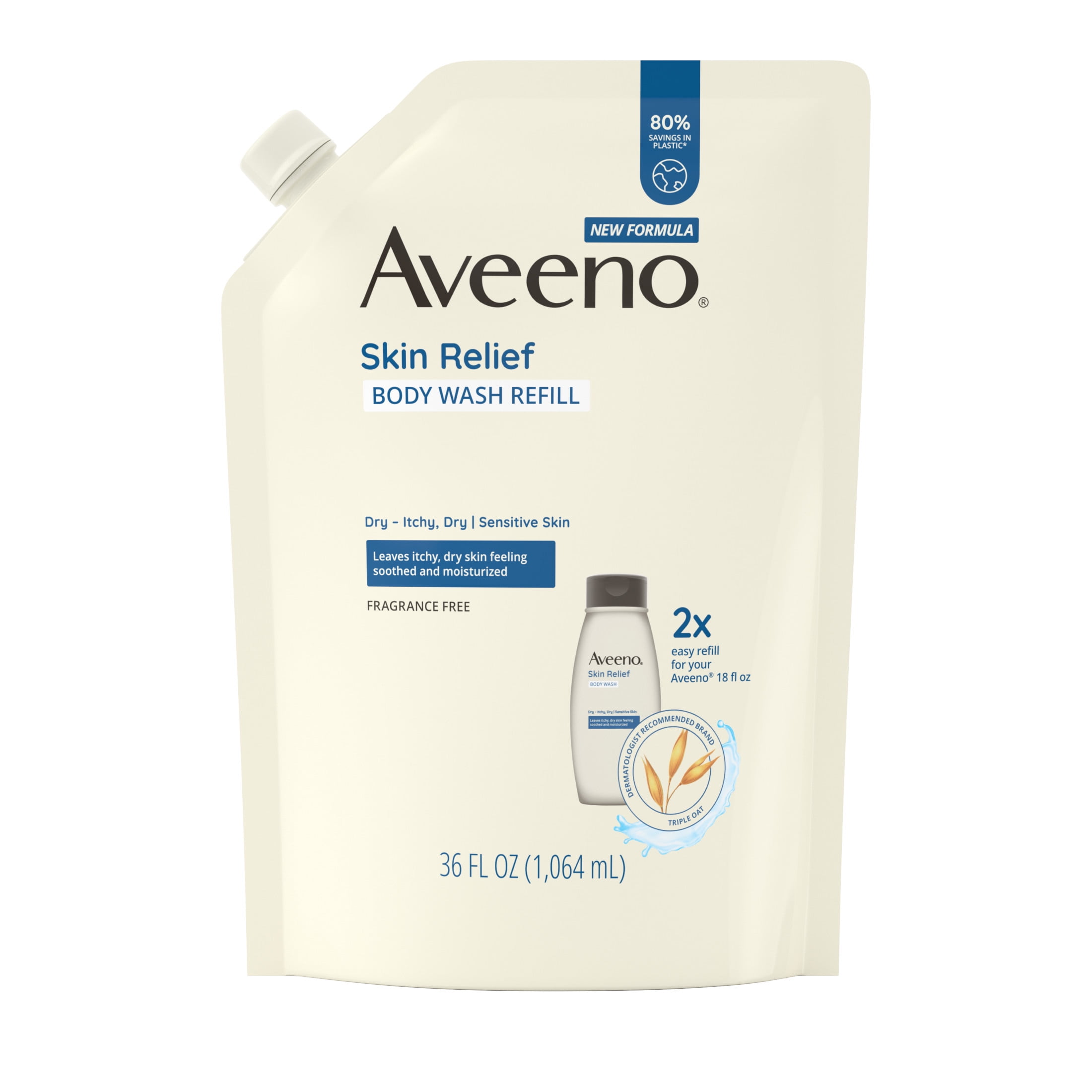 Aveeno Skin Relief Body Wash Fragrance-Free Refill Pouch, 36 fl. oz