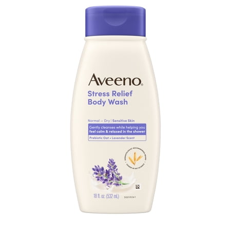 Aveeno Stress Relief Body Wash with Prebiotic Oat, Calming Lavender Scent, 18 fl oz