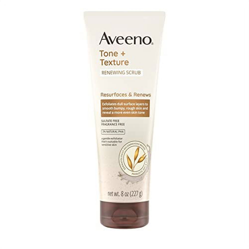 Aveeno Tone + Texture Renewing Body Scrub, Exfoliating Wash to Reveal Smoother Skin and a More Even Tone, Prebiotic Oat Formula for Sensitive Skin, Fragrance-Free, 8 oz, White