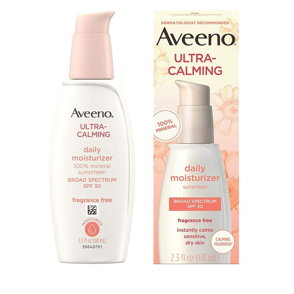 Aveeno Ultra-Calming Fragrance-Free Daily Facial Moisturizer for Sensitive, Dry Skin with SPF 30 Mineral Sunscreen, Calming Feverfew & Nourishing Oat, 2.3 fl. oz