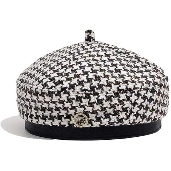 Aveki French Beret for Women Vintage Houndstooth Pattern Berets Summer Elegant Beanie Hat Painter Cap (Black)