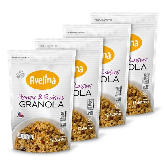 Avelina Gluten Free Granola IFF17 Honey & Raisins - Healthy Oatmeal-Based Cereal - Kosher, Non-Gmo - (12.3 oz, 4-Pack)