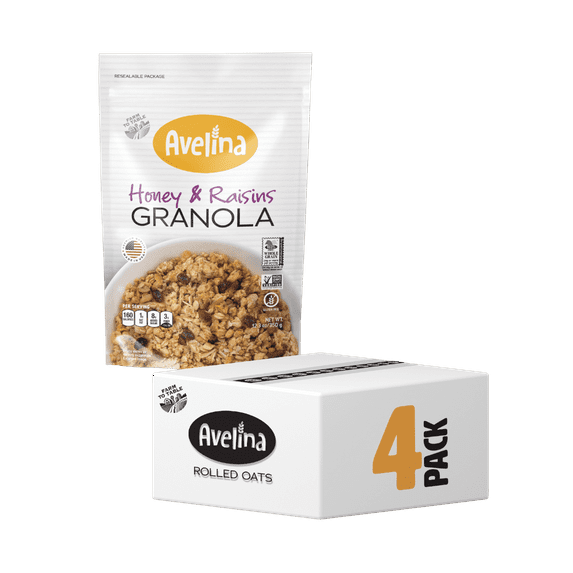 Avelina Granola Honey & Raisins | 100% Gluten Free | Crunchy and Nutritious Blend for a Healthy Snack or Breakfast, 4-Pack (12.3 oz Bags)