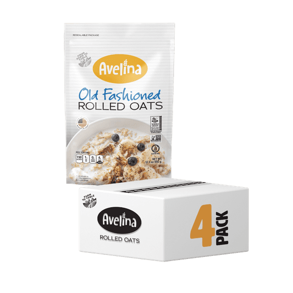 Avelina Old Fashioned Oats | 100% Gluten Free | Nutritious and Hearty Whole Grain Oats for Breakfast or Baking, 4-Pack (12.3 oz Bags)