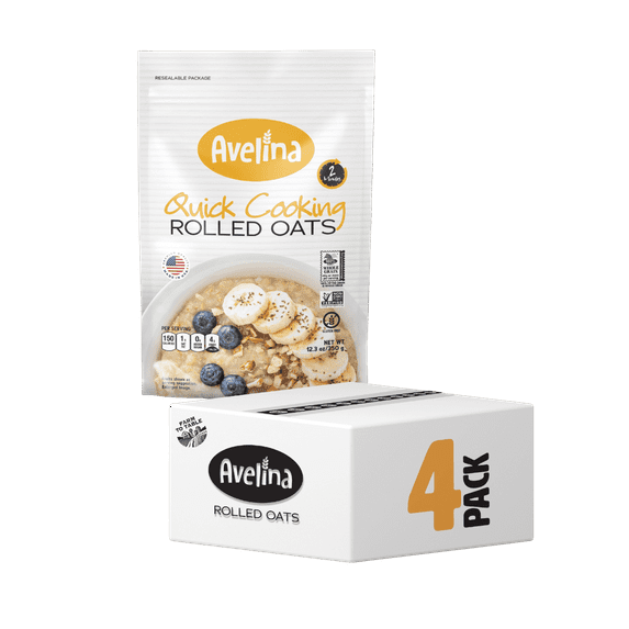 Avelina Quick Cooking Oats | 100% Gluten Free | Nutritious and Easy-to-Prepare Whole Grain Oats for Breakfast or Baking, 4-Pack (12.3 oz Bags)