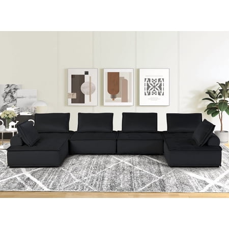 Aveline 160"W Black Velvet 6-Seater U-Shape Modular Sectional Sofa