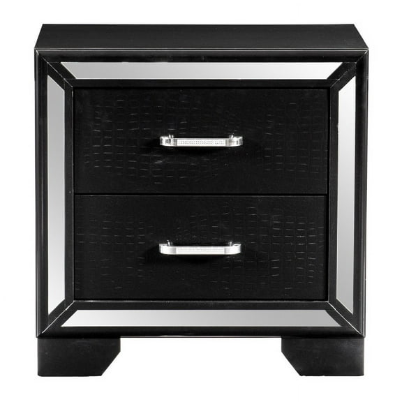 Aveline Collection Elegant Black Alligator Embossed Nightstand with Mirror Trim