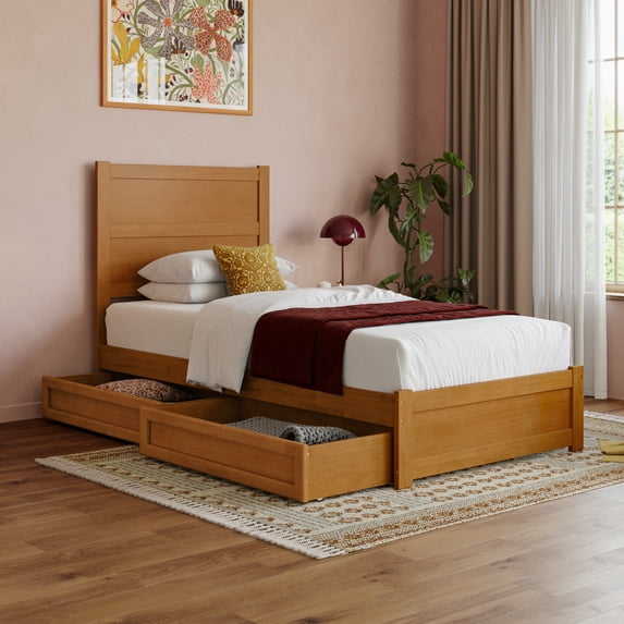 AFI Aveline Twin XL Platform Bed with Matching Footboard & Storage Drawers, Light Toffee