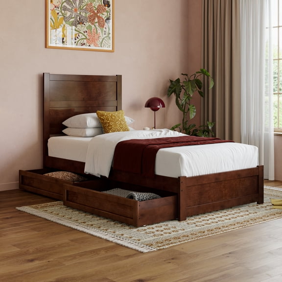 AFI Aveline Twin XL Platform Bed with Matching Footboard & Storage Drawers, Walnut