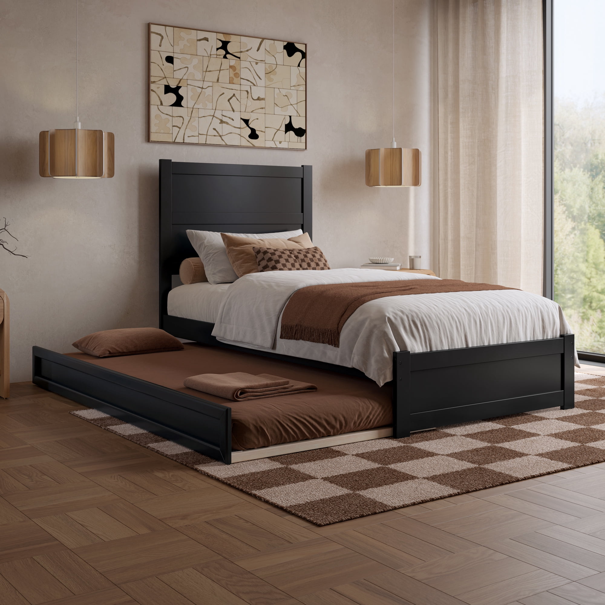 AFI Aveline Twin XL Platform Bed with Matching Footboard & Twin XL Trundle, Black