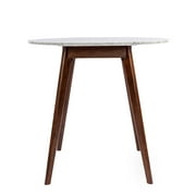 Avella 31" Round Italian Carrara White Marble Dining Table with Walnut Legs