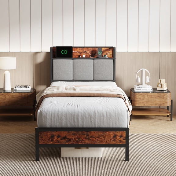 Novilla Bed Frame Twin Size with Modern Metal Platform,Charging Station USB/Type-C & Storage Headboard, Easy Assembly, Heavy Duty Slats Support, Noise Free, No Box Spring Needed