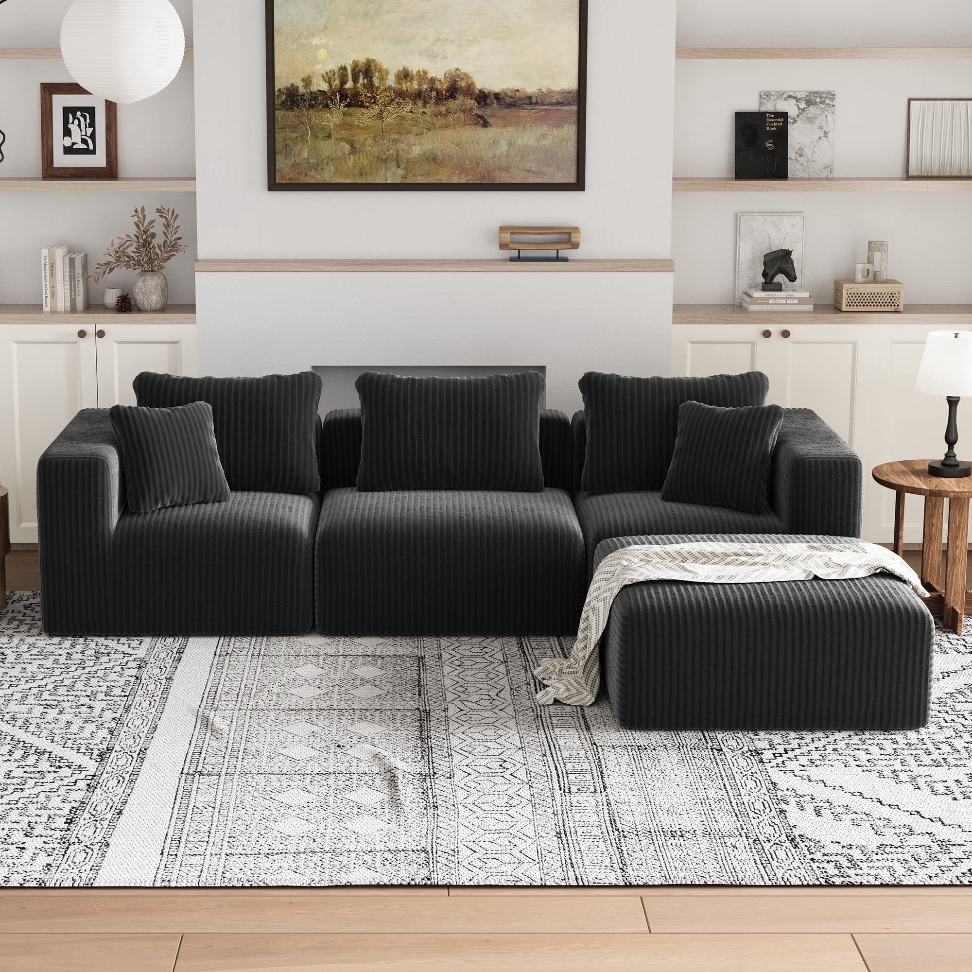 Avenco Velvnoir L-Shaped Convertible Sofa and Sectional Sleeper Sofa for Living Room and Office (3 Seater + 1 Ottoman), Black