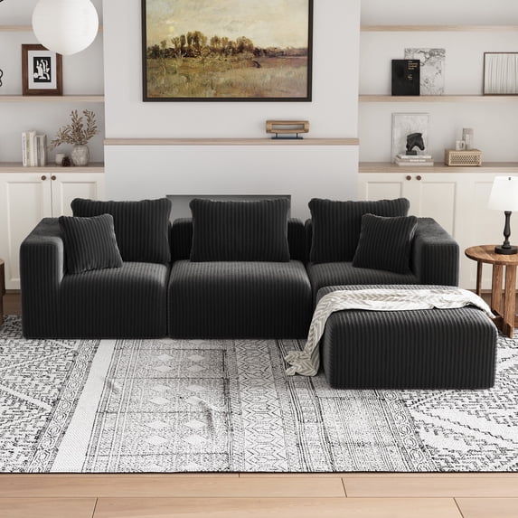 Avenco Velvnoir L-Shaped Convertible Sofa and Sectional Sleeper Sofa for Living Room and Office (3 Seater + 1 Ottoman)