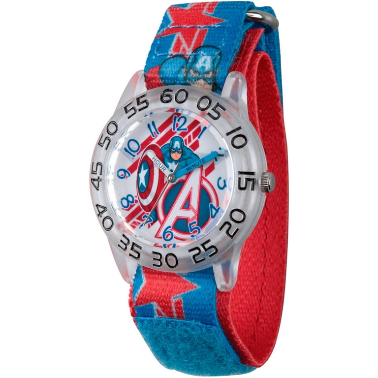 Marvel Avengers Boys Clear Time Nylon Strap S Assemble Captain America Plastic Teacher Watch Blue and Red Captain America Stretchy Boy s Size One
