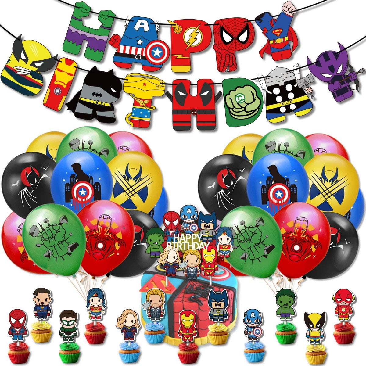 Avengers Birthday Decoration,Superhero Birthday Party Supplies Includes Happy Birthday Banner, Cake Topper ,Balloon for Kid's boy Girls