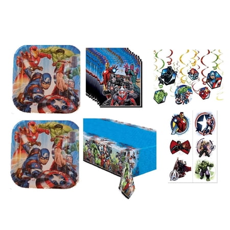 Avengers Birthday Party Supplies Bundle Pack includes 16 Paper Plates, 16 Paper Napkins, 1 Plastic Table Cover, 3 Piece Swirl Hanging Decorations, 12 Tattoos