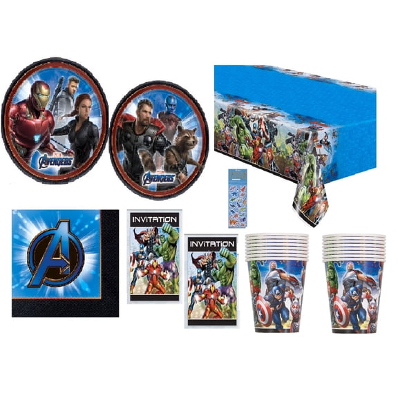 Avengers Birthday Party Supplies Bundle Pack includes 16 Plates 7", 16 Napkins, 16 Paper Cups, 16 Invitations, 1 Plastic Table Cover, 1 Dinosaur Sticker Sheet