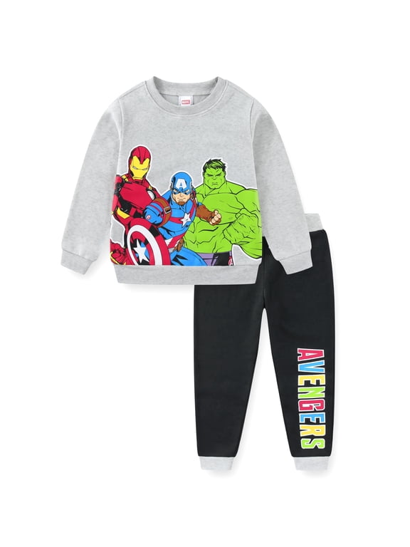Avengers Captain America, Iron Man and Hulk Boys 2 Piece Character Crewneck and Jogger Set, 4-7