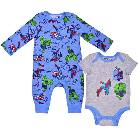 Avengers Captain America, Spiderman and Hulk Boys Long Sleeve Romper and Bodysuit Set, Infant