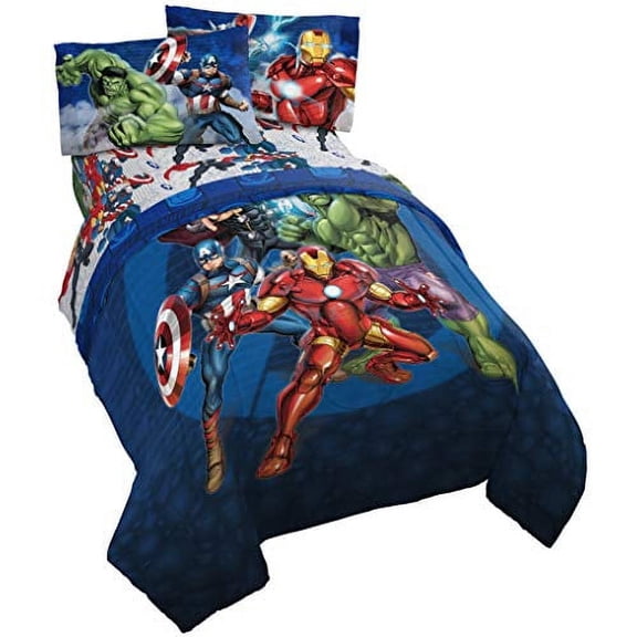 Avengers Collection Cartoon Superhero 5 Pieces Kids Full Bed Set, 100% Microfiber, Blue, Marvel