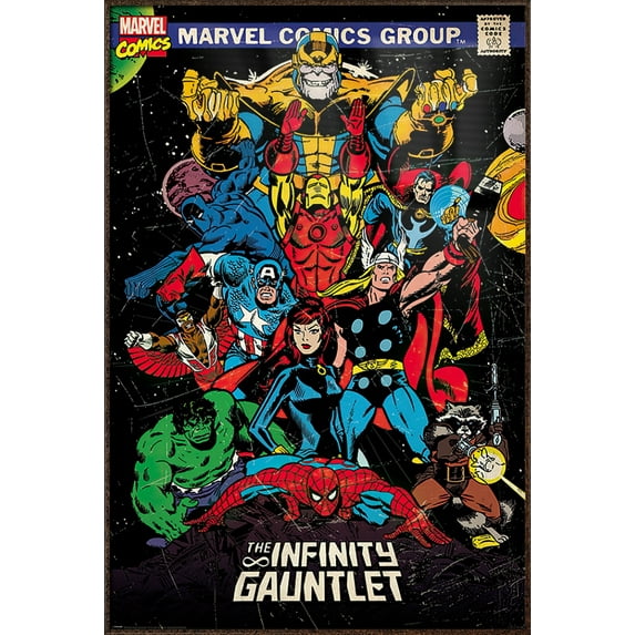 The Avengers - Framed Marvel Comics Poster (Comic Cover: The Infinity Gauntlet) (Iron Man & Thor & Captain America & Spider-Man...) (Size: 25" X 37") (Antique Copper / Gold Aluminum Frame)