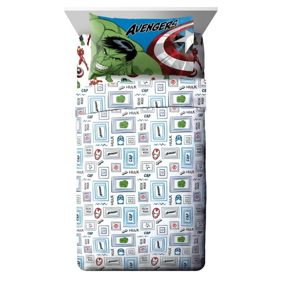 Avengers Hero Time Kids 4-Piece Full Sheet Set, Microfiber, White, Marvel