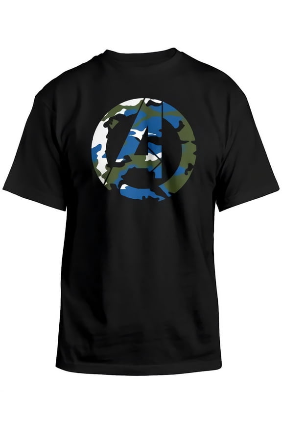 Avengers (Marvel Comics) Mens T-Shirt - Blue Green Camo Logo