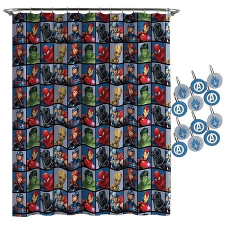 Avengers Marvel Team Shower Curtains and Hooks Set, 72 x 72, Microfiber, Marvel