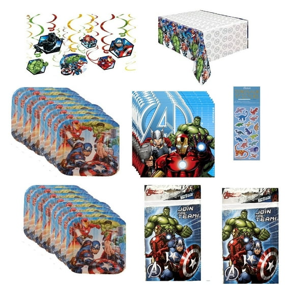 Avengers Party Supplies Bundle includes 16 Lunch Plates, 16 Lunch Napkins, 16 Invitations & 16 Thank You Notes, 1 Table Cover, 12pc Swirl Decorations