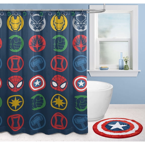 Avengers Shields 14 Piece Bathroom Set - Includes Shower Curtain, 12 Hooks, & Non-Slip Bath Rug - Easy Care Fabric (Official Product)