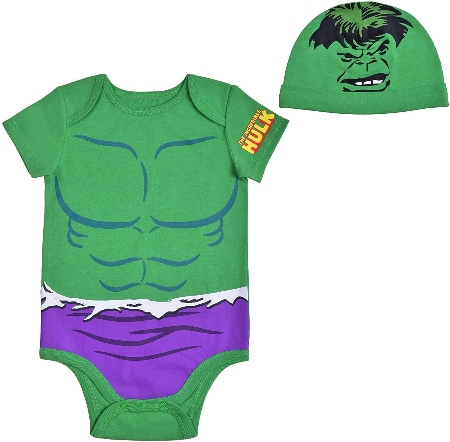 Avengers Short Sleeve Onesie with Cap, Hulk Bodysuit, Baby Costume