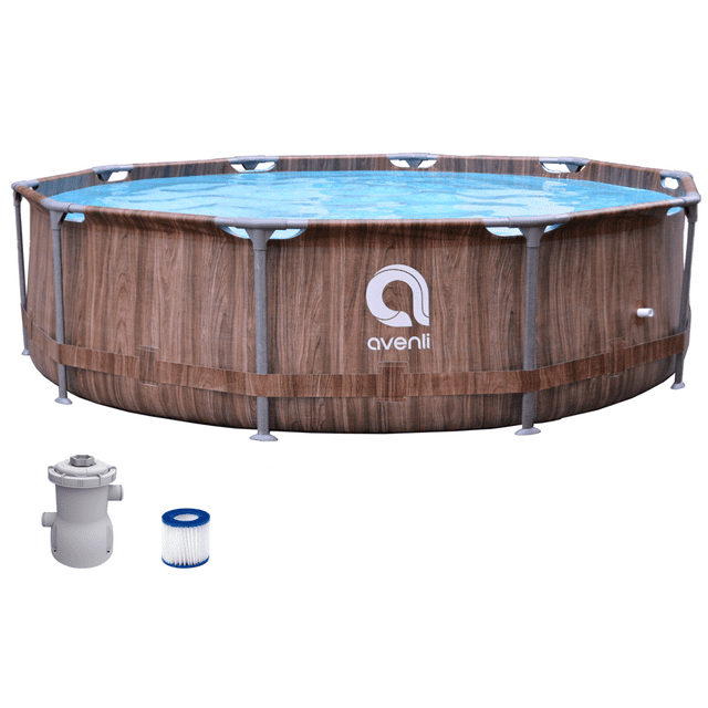 Avenli 10′ x 30″ Wood Pattern Premium Round Fiberglass Frame Above Ground Pool with Accessories