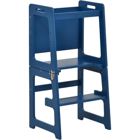 Avenlur 4 in 1 Learning Kitchen Tower Step Stool Helper Montessori Waldorf Style Indoor Counter Stepping Stand and Chalkboard Converts-Folds Into Desk Table, Chair for Toddlers, Children - Blue
