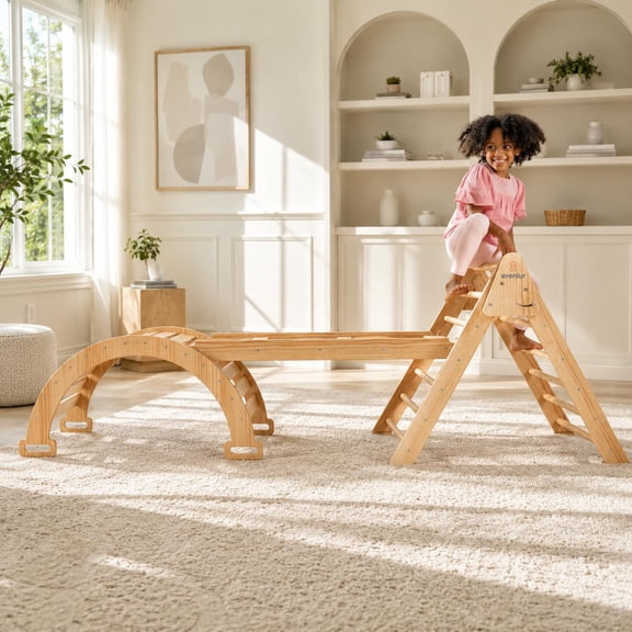 Avenlur 5-in-1 Pikler Triangle Set Hazel Montessori Indoor Jungle Gym Climbing Triangle, Waldorf Rocker, Toddler Indoor Climbing Toys, & Slide Wooden Indoor Playground Playset, Ages 2-7