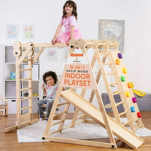 Avenlur 7-in-1 Indoor Foldable Playset for Kids - With Slide, Climbing Wall, Monkey Bars, Swing