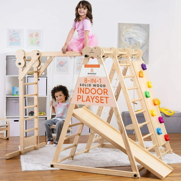 Avenlur 7-in-1 Indoor Foldable Playset for Kids - With Slide, Climbing Wall, Monkey Bars, Swing